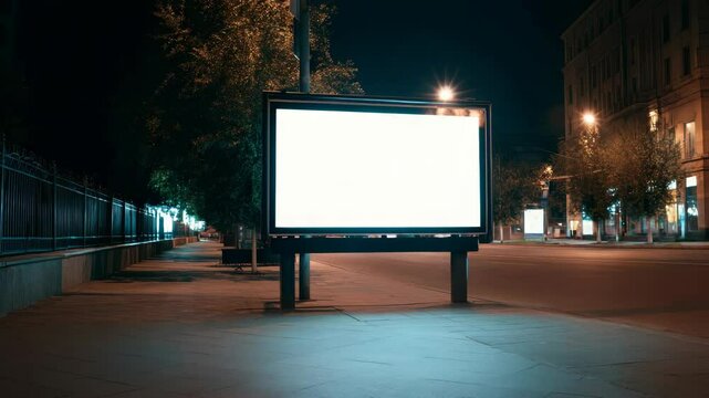 Empty illuminated billboard on sidewalk at night, photographic style, urban street background, concept of outdoor advertising space