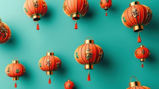 isometric D Chinese New Year lanterns with gold accents on teal background on largest lantern .