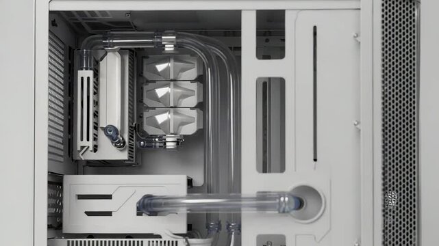Modern white custom water cooled gaming desktop pc showing components
