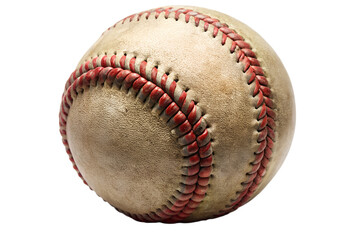 A closeup of a worn baseball with prominent red stitching on a transparent background