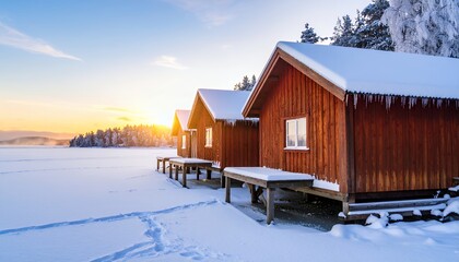 Winter Sunrise on Frozen Lake Cabins.