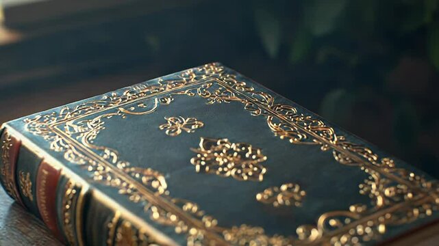 Antique leather bound book with golden decorations resting on wooden surface