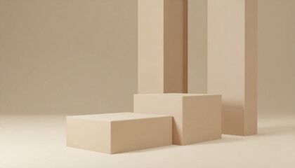 Minimal beige podium with three geometric shapes and soft lighting for product display