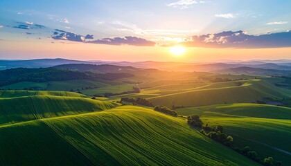Fototapeta premium Aerial sunset view of green crop fields. Golden sun above horizon, dramatic sky