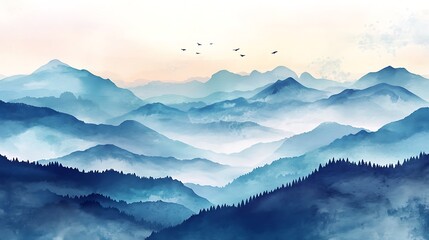 Misty mountain range painting