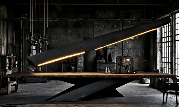 Modern industrial interior scene with striking table and lighting - Powered by Adobe
