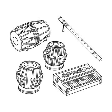 Collection of indian musical instruments including tabla dholak and flute isolated on transparent background