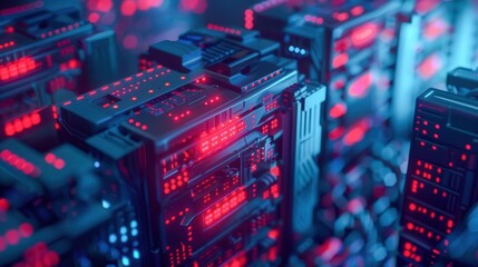 isometric D data center with glowing red breach alert floating binary code dark blue background on cracked server .