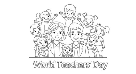 Happy world teachers day with a group of diverse children and teachers isolated on transparent background