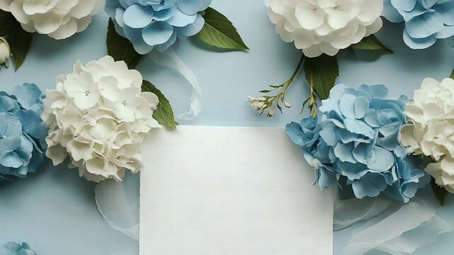 White blank card surrounded by blue and white hydrangeas on light blue background