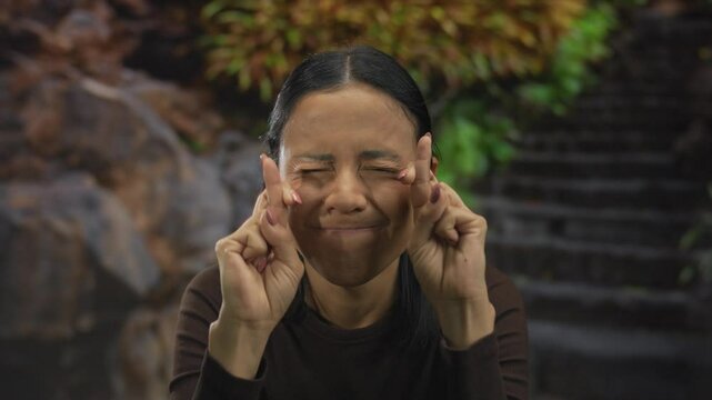 Young woman outdoors crossing fingers in hope, with a background of lush greenery and stone steps, symbolizing optimism and wishful thinking in a peaceful natural setting.