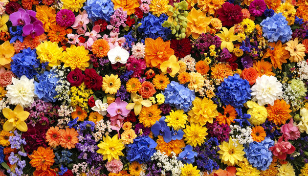 Colorful flower wall with vibrant petals creating joyful and lively floral background