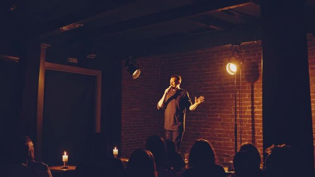 A video captures a stand-up comedian on stage in a dimly lit comedy club. Shot from a low angle, the warm lighting creates an intimate atmosphere.
