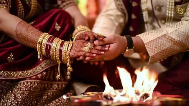 Dulhan radiant in her finery offers sacred rice with her groom in a hindu wedding fire ceremony. Ideal for wedding, cultural, and festive concepts.