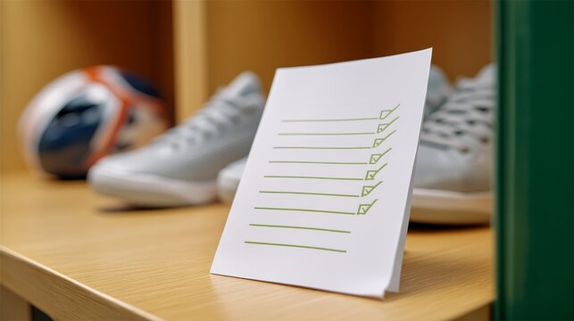 Checklist on Green Paper in Athlete's Locker with Sports Gear and Shoes in Background
