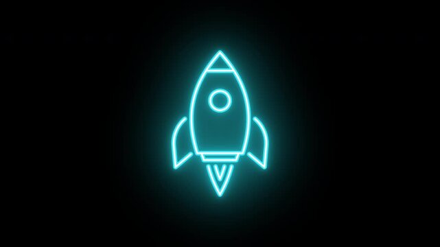 Neon spaceship animation, slow blink. Glowing neon rocket icon, looped slow flashing animation. Spacecraft flight, space technology, startup launch, business boost. Azure violet blue colors
