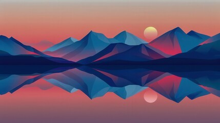minimalist mountain range with gradient sunset sky reflected in a still lake no humans or text .