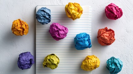 Colorful crumpled paper balls scattered on a notepad, symbolizing creativity and brainstorming ideas.