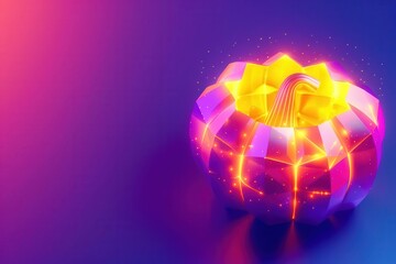 isometric D halloween pumpkin with geometric cutouts glowing orange and purple gradients .