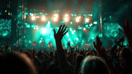 Electric atmosphere at a music festival with hands raised in excitement under colorful stage lights.