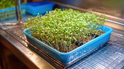 Fresh microgreens growing in a blue tray, thriving in a well-lit indoor environment with rich green foliage.