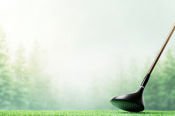 Sleek golf club rests on lush green fairway, surrounded by misty forest backdrop, evoking sense of tranquility and focus for perfect swing