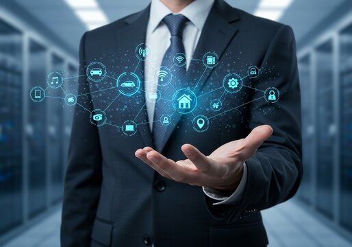 Businessman presents smart home technology in data center environment