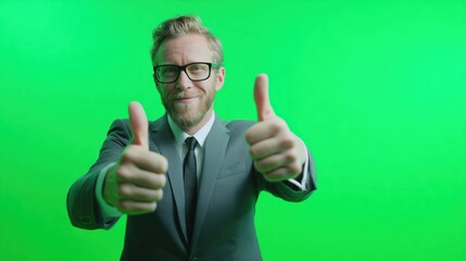 Professional man in suit giving thumbs up on green screen background for positive feedback and success concept.