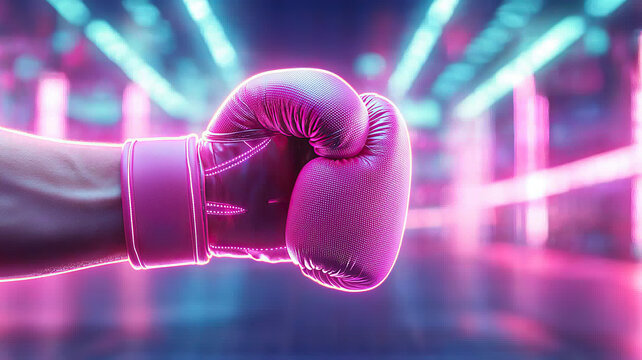 Vibrant pink boxing glove is raised, showcasing its sleek design and modern aesthetic. background features futuristic gym environment with neon lights, creating energetic atmosphere
