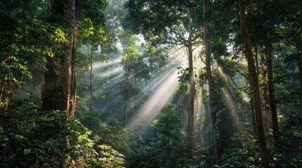 Sunlight streams through a dense forest, illuminating lush greenery and creating a serene, tranquil atmosphere.