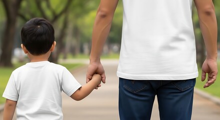A heartwarming father and son bonding moment holding hands on a nature walk