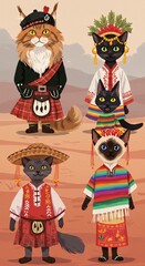 Cats in national costumes illustration