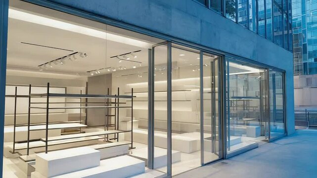 Modern empty storefront with large glass windows displaying minimalist interior at dusk