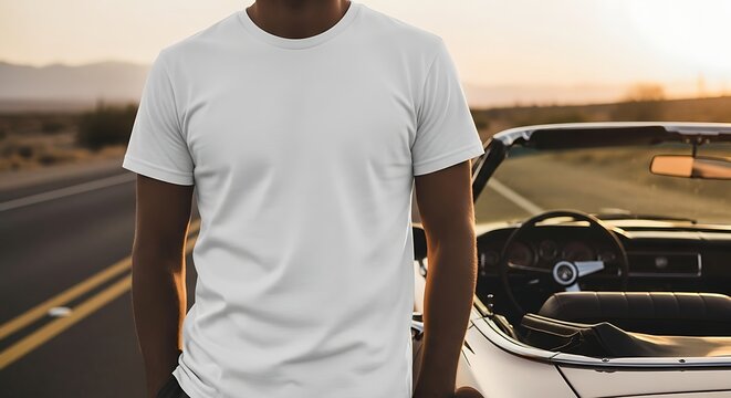 A man with white t-shirt is standing next to a vintage convertible car