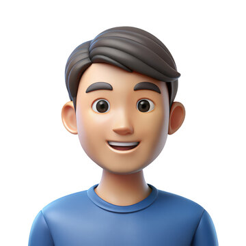 A cheerful cartoon man isolated on transparent background is presented as a friendly 3d avatar