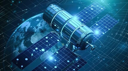 isometric D spy satellite monitoring encrypted messages neon blue and black on satellite .