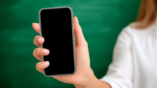 Teacher Holding Smartphone with Green Screen in Front of Classroom Chalkboard