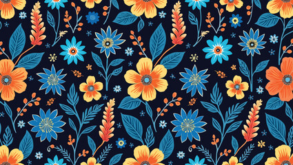 Dark floral pattern featuring bright orange and blue flowers with intricate leaves and stems provides a natural aesthetic