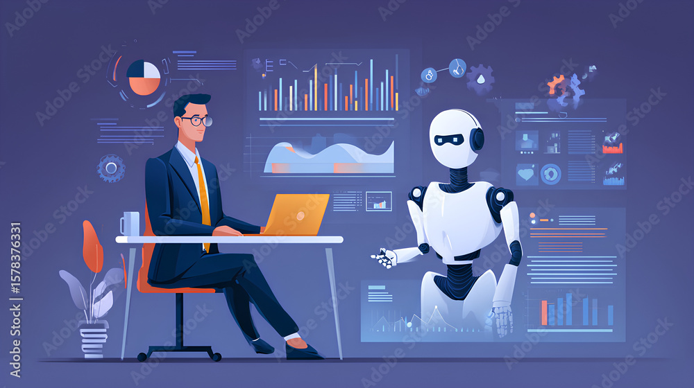 Poster ai artificial intelligence technology for data analysis, research, planning, and work generate. man 