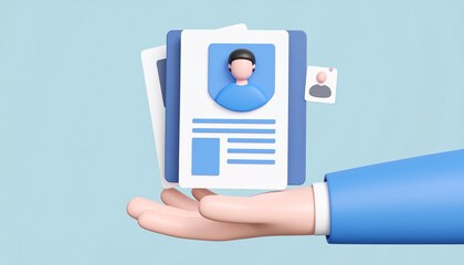 3D resume document icon floating above hand