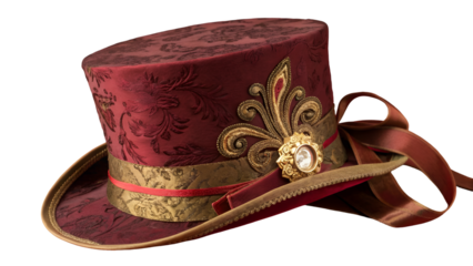 Burgundy velvet top hat with gold accents and ribbon vintage fashion accessory for formal events style isolated on transparent background