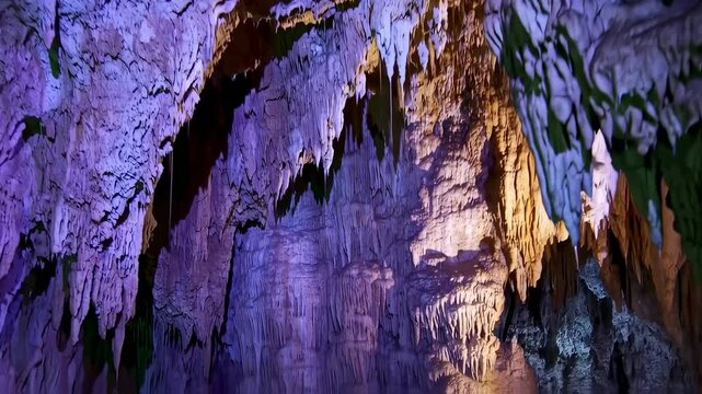 Cave formations lit with purple hues