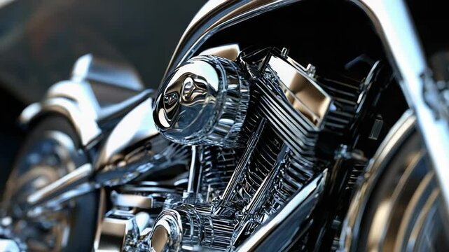 Powerful chrome motorcycle engine gleaming in the light