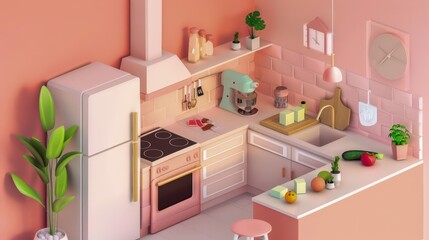 isometric D vegan kitchen with tofu and vegetables pastel colors .