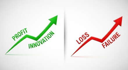 Info graphic showing green arrow with profit innovation versus red arrow with loss failure for business comparison finance and startup strategy
