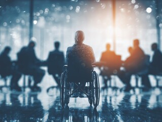 Wheelchair user attends a business meeting with colleagues, creating an inclusive and diverse corporate environment.
