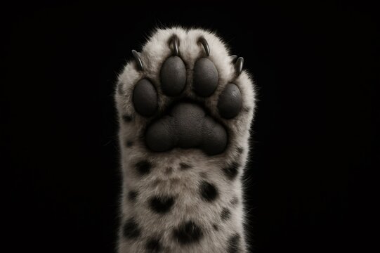 Snow leopard paw showing claws on dark background