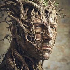 man fused with vines and roots in a living tree form