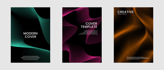Minimal abstract covers set. Colorful waves background bundle with lines styles decoration on dark space. Modern graphic design element stripes concept for web banner, art, flyer, card, or brochure