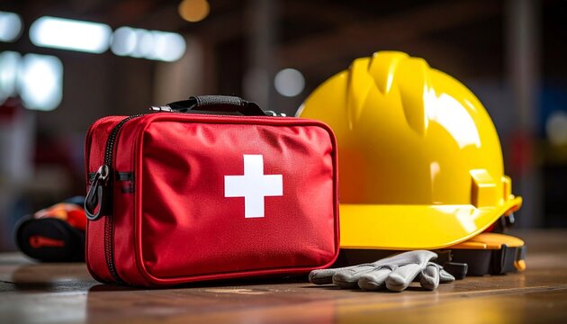 Construction site worker safety and first aid kit. A red first aid kit and yellow hard hat on a work surface, symbolizing workplace safety and health preparedness. 